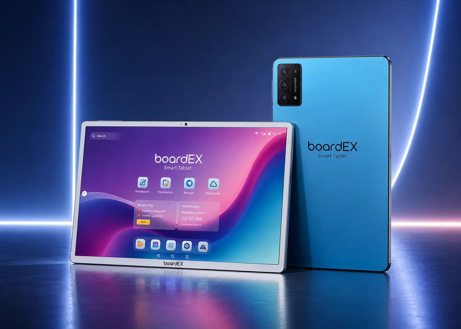 boardEX smart tablet showcased on a futuristic neon-lit background with a sleek modern design.