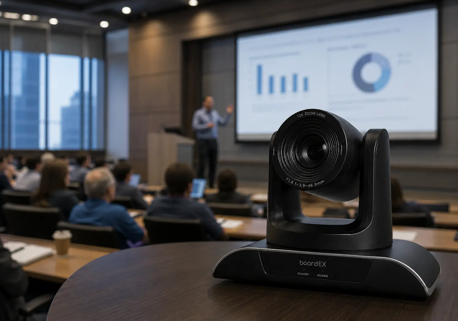 PTZ camera UAE on a meeting table in a modern lecture hall for professional video conferencing and presentations.