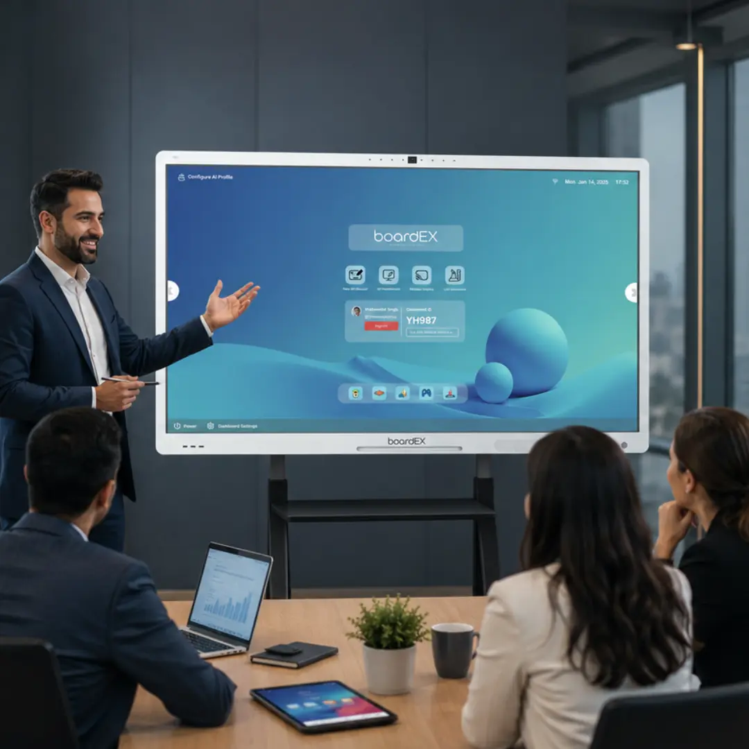 Presenter demonstrating a boardEX interactive flat panel during a business meeting in a modern conference room.