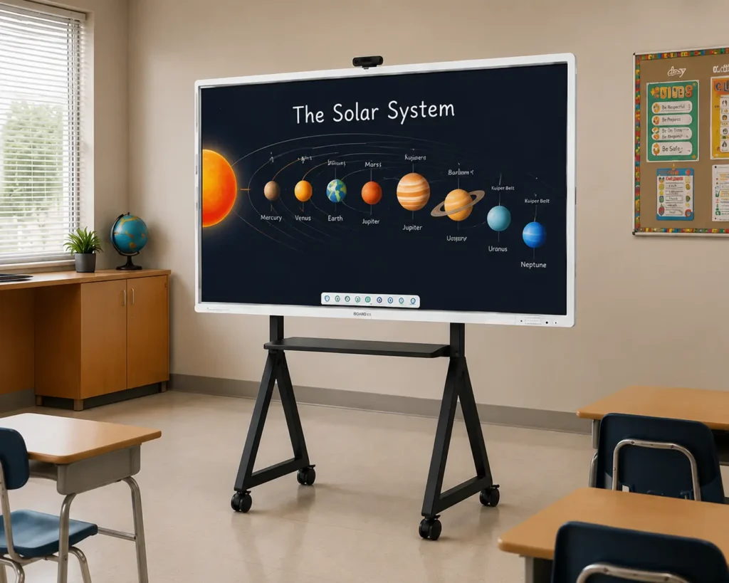Interactive flat panel on a mobile trolley stand in a modern classroom.