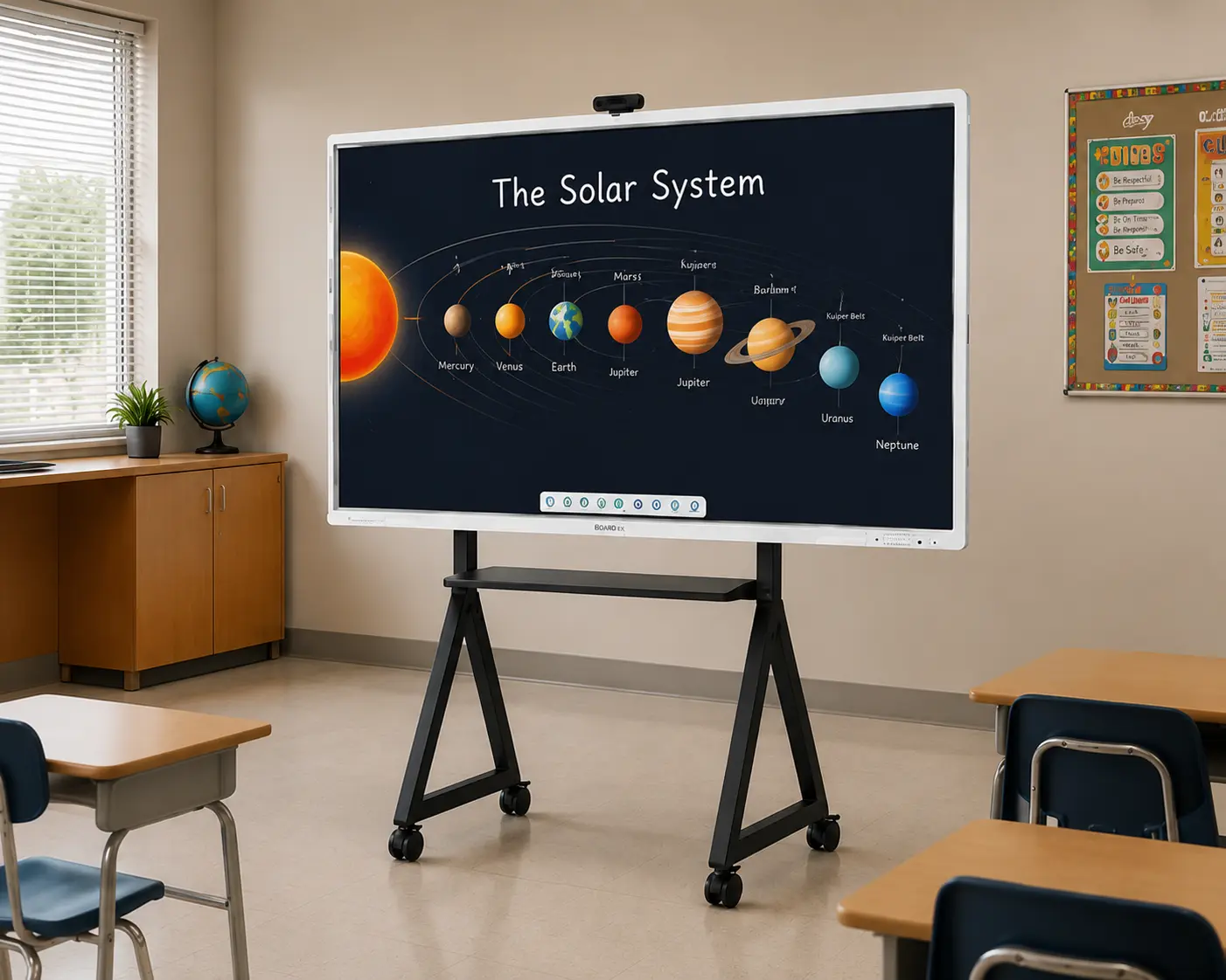 Interactive flat panel on a mobile trolley stand in a modern classroom.