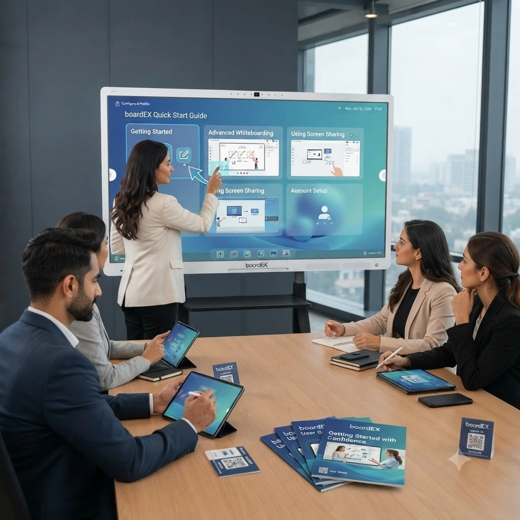 A presenter at a boardEX smart board leads a corporate training session in a modern conference room, with employees at the table using tablets and manuals.