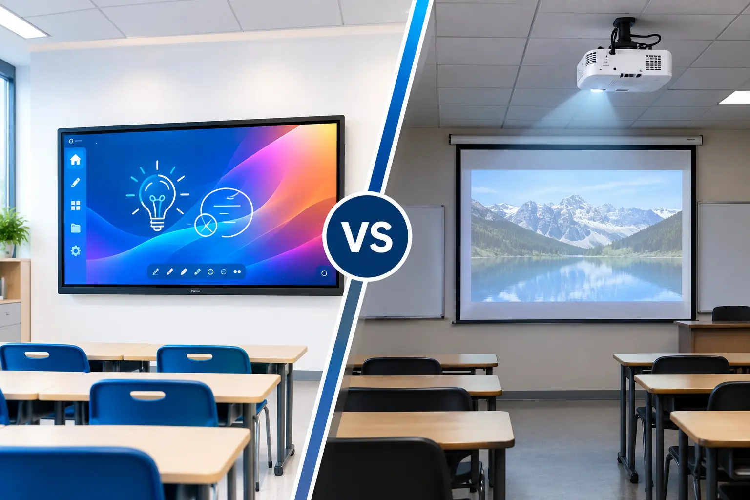 Interactive flat panel and projector compared side by side in a modern school classroom.
