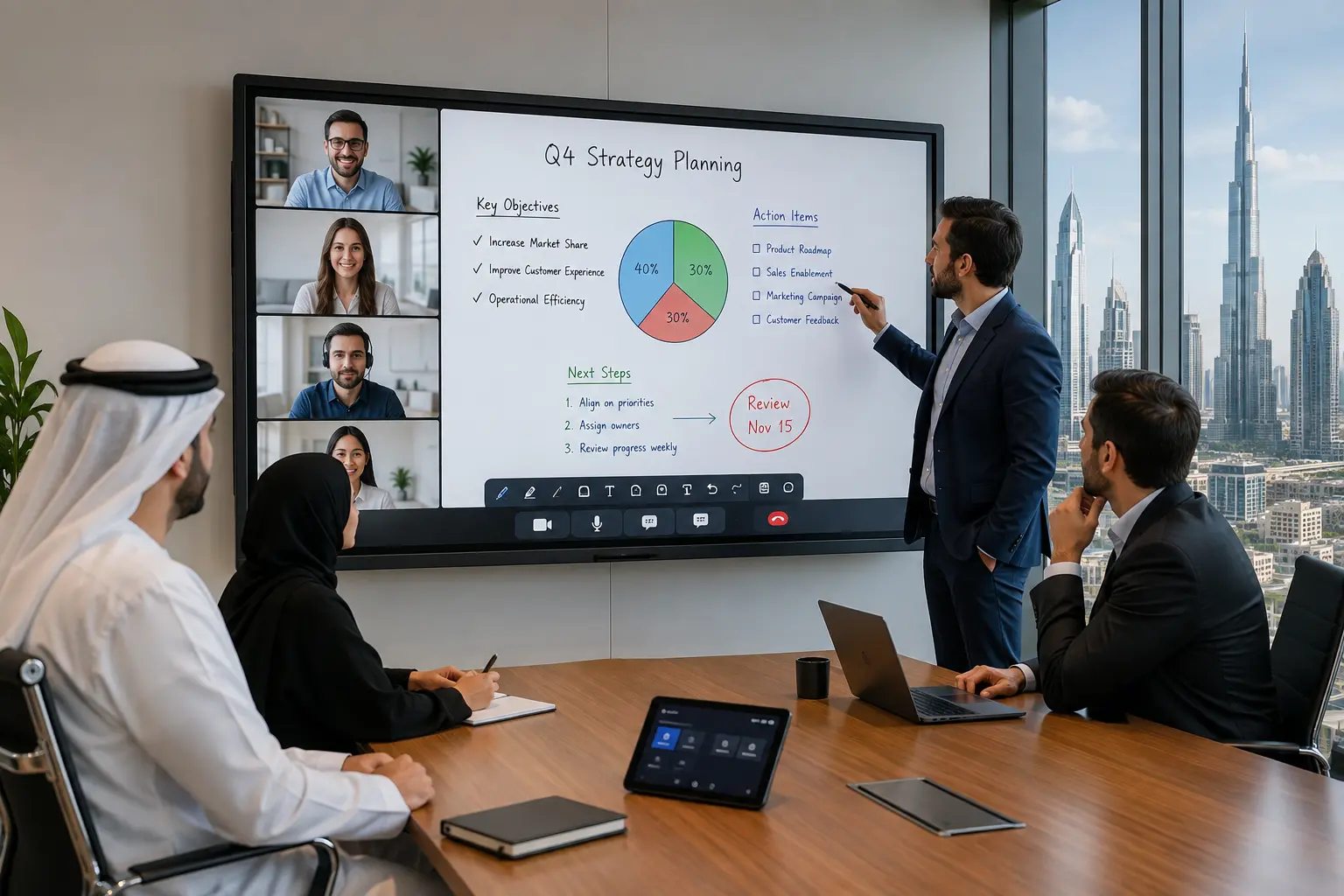 Interactive flat panel for hybrid meetings in Dubai office