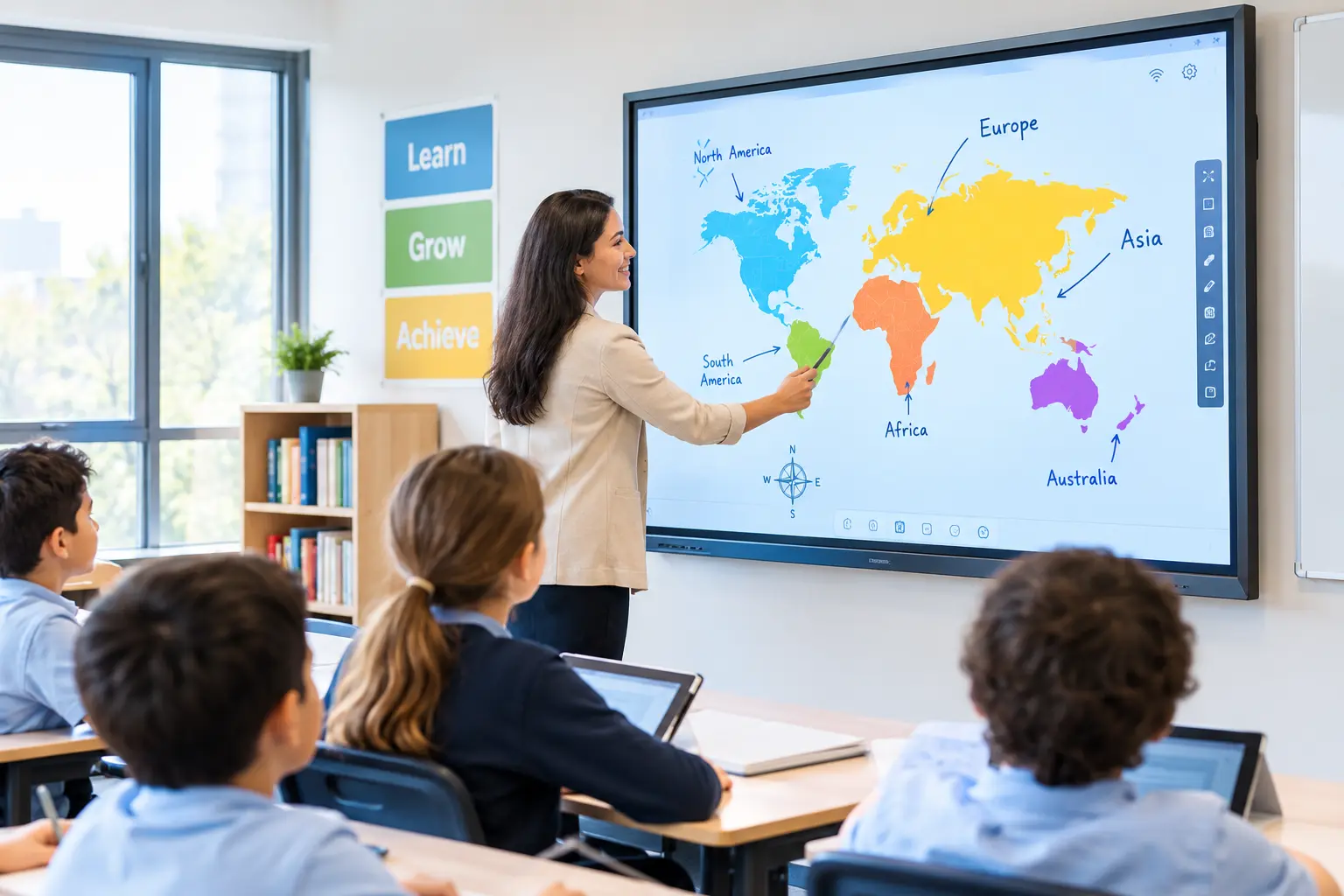 Teacher using an interactive flat panel display in a modern classroom UAE