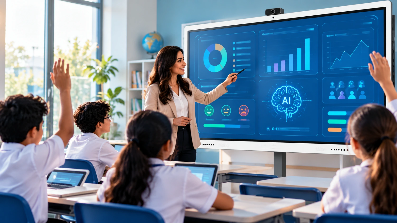 AI-powered interactive flat panel displaying classroom engagement analytics in a modern classroom.